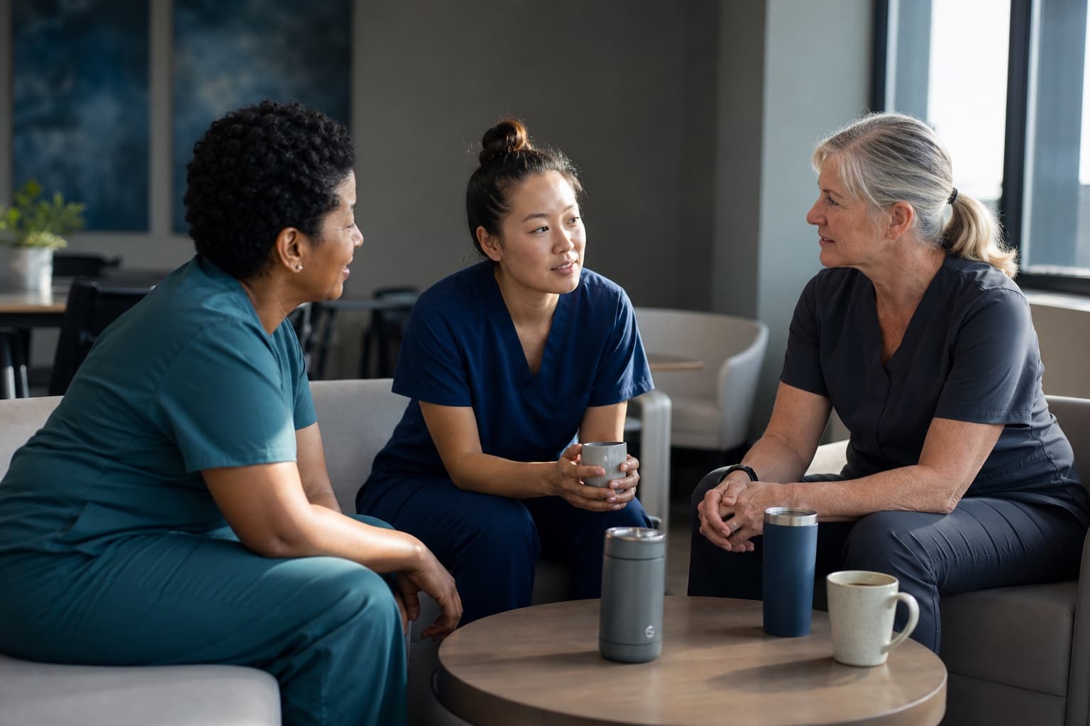Three nurses in scrubs sitting together in conversation