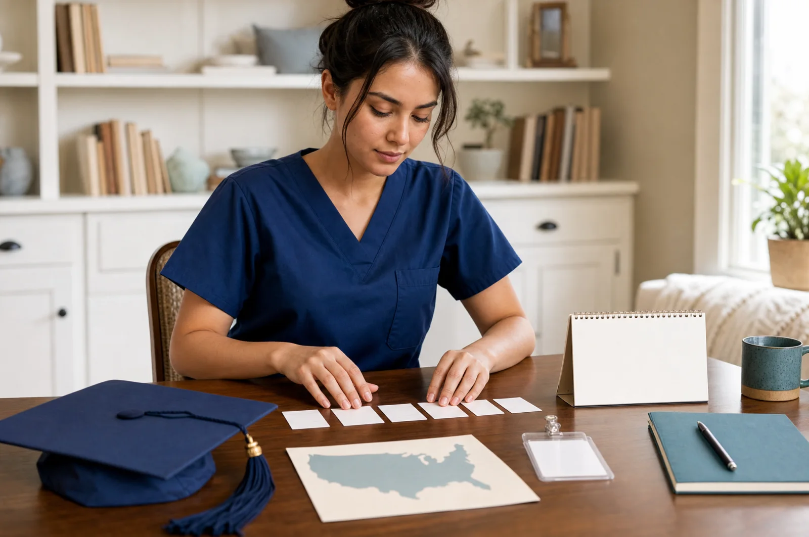 A new grad nurse arranges milestone cards between graduation, licensure, and a first hospital shift