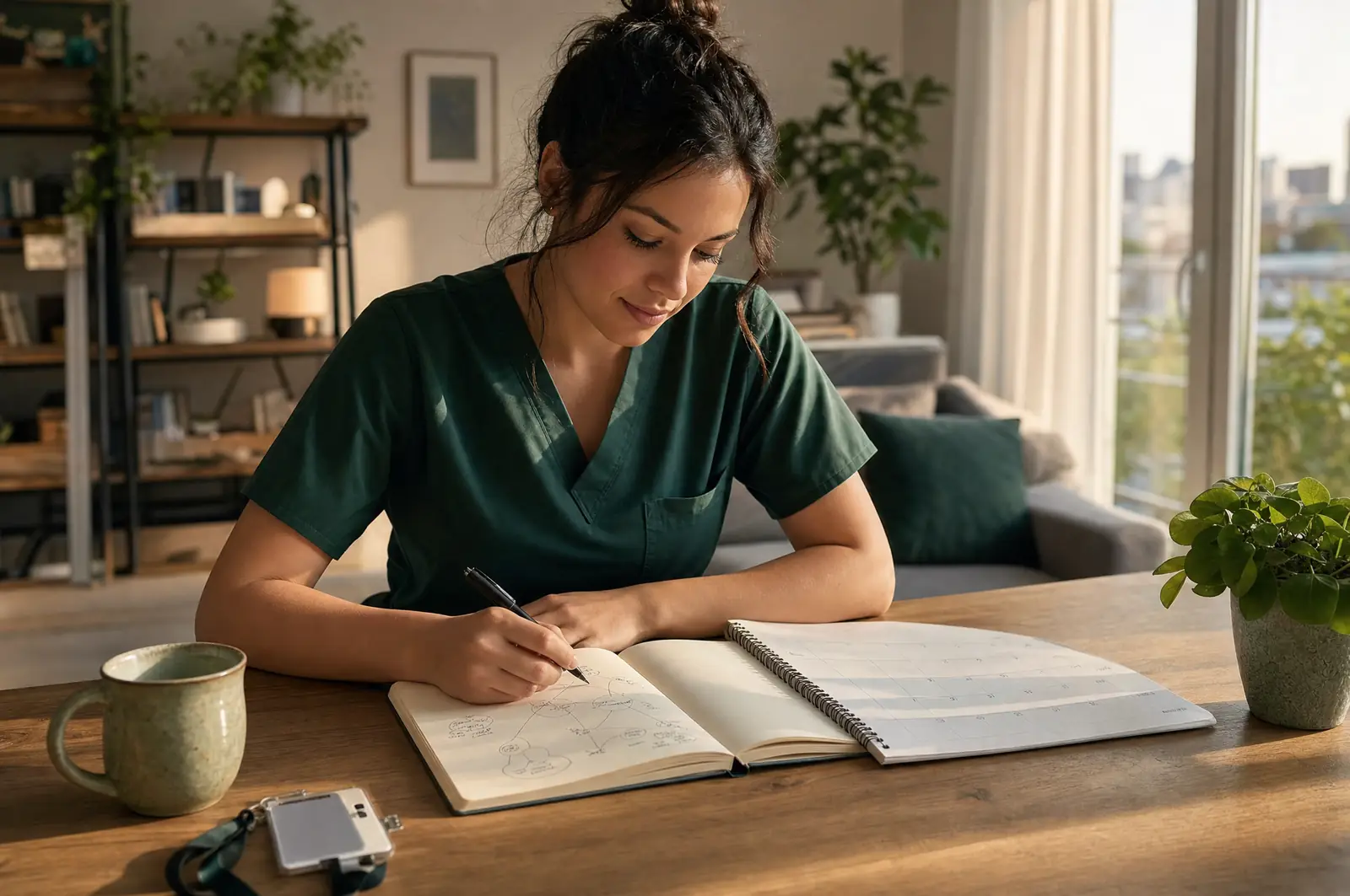 A new grad nurse mapping the first 90 days of a new role into a simple calendar after a shift