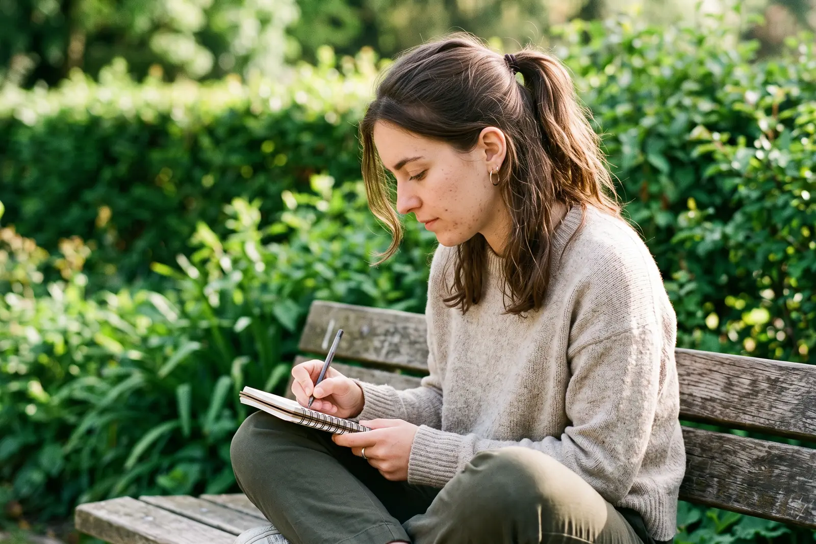 A nurse on a sunlit bench, writing down what she wants to ask them
