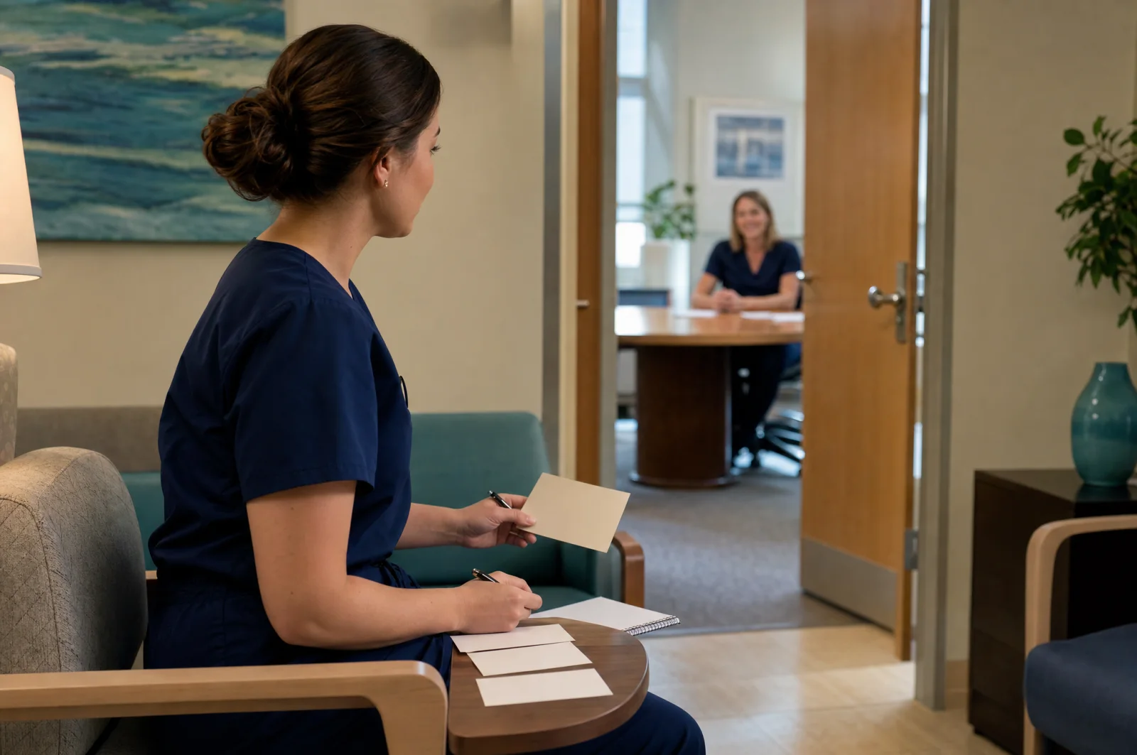 A new grad nurse reviews question cards while a nurse manager waits in the interview room