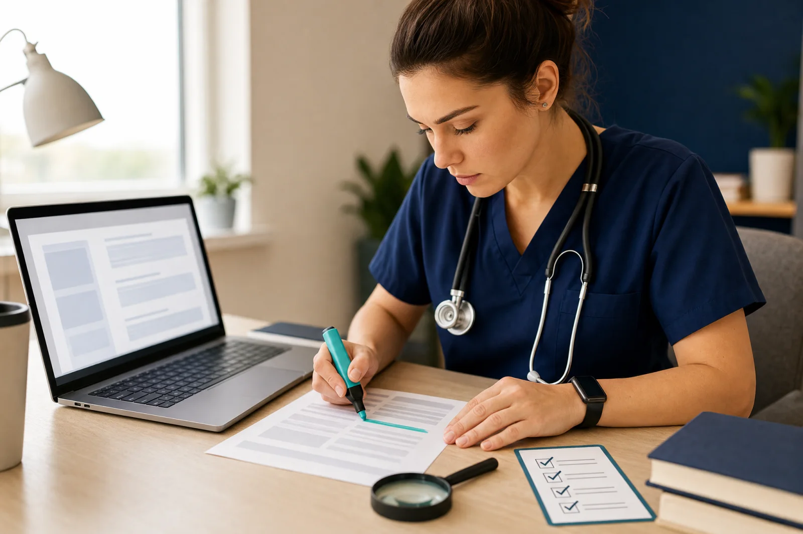 A new grad nurse highlights a nursing job posting beside a checklist and magnifying glass