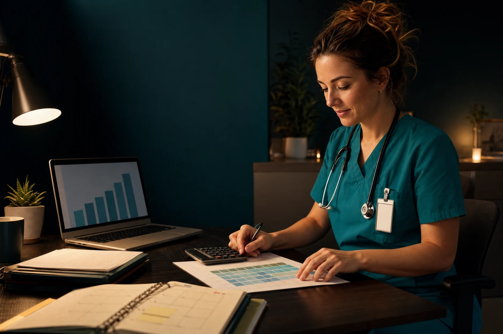 A nurse practitioner working through an RVU compensation grid, calendar, and calculator after clinic