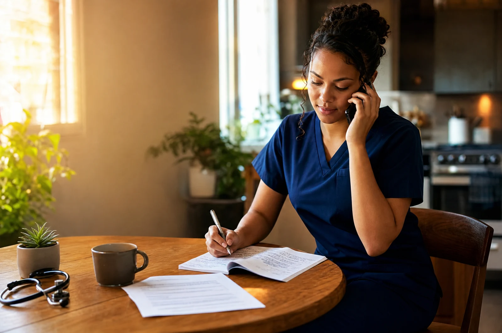 A new grad nurse calmly rehearsing a job-offer negotiation call with written notes at home