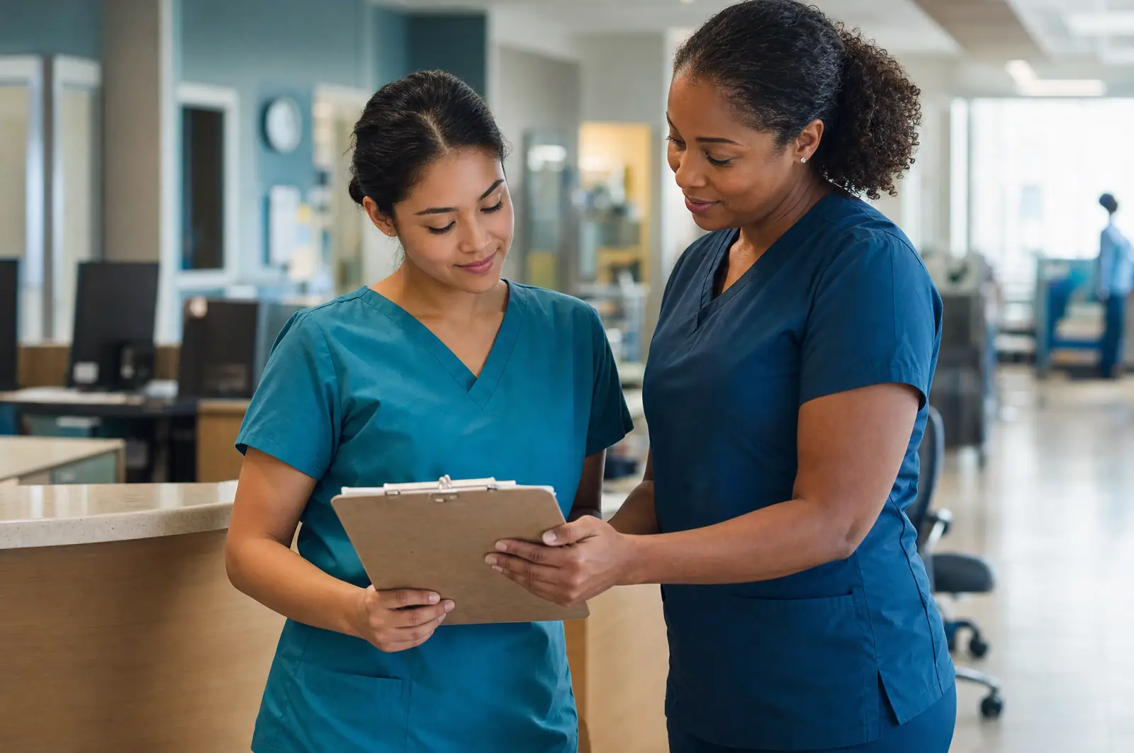 A new nurse and preceptor reviewing the orientation and workload ramp together