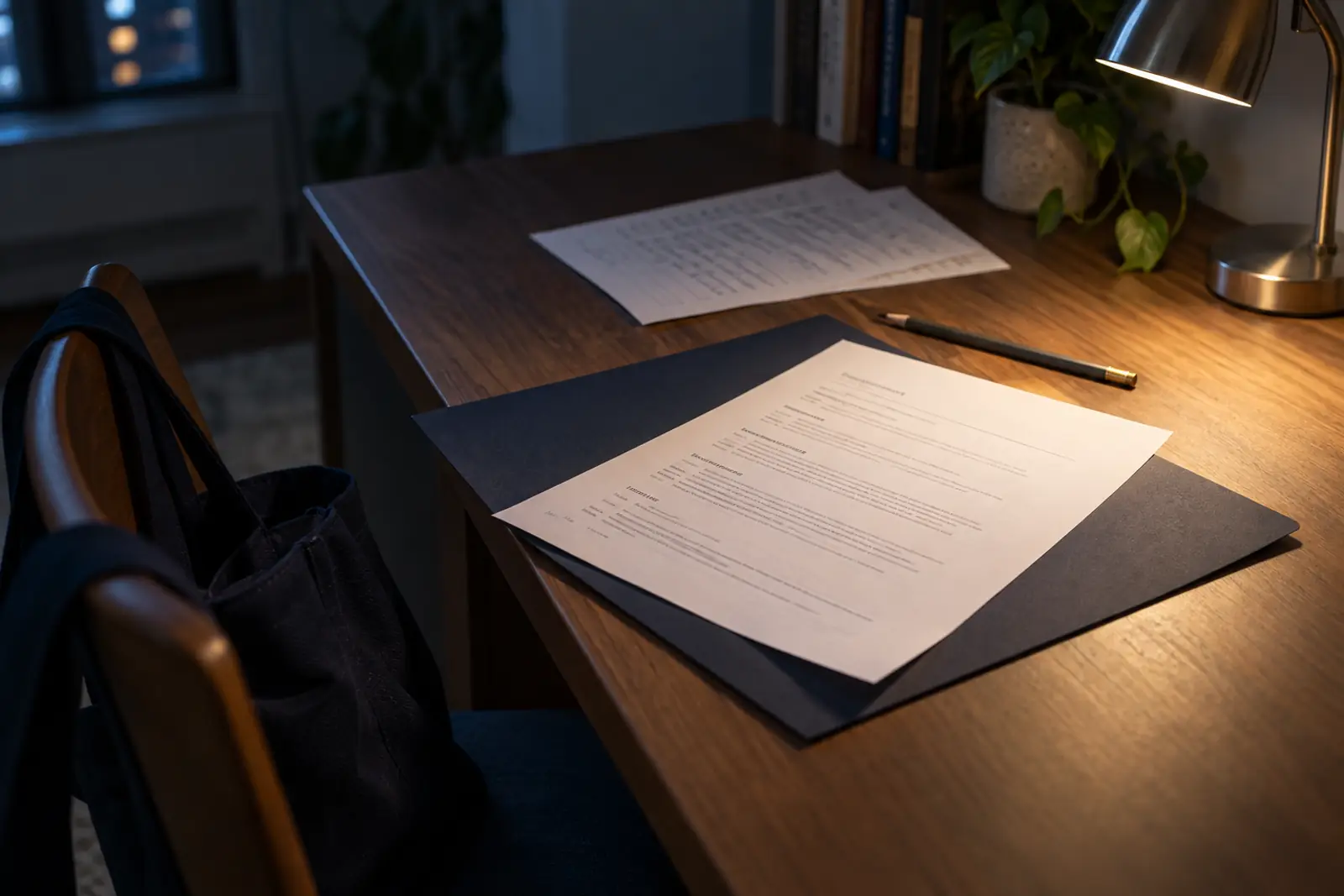 A finished resume on a navy folder in a warm pool of lamplight, with a pencil set down beside it