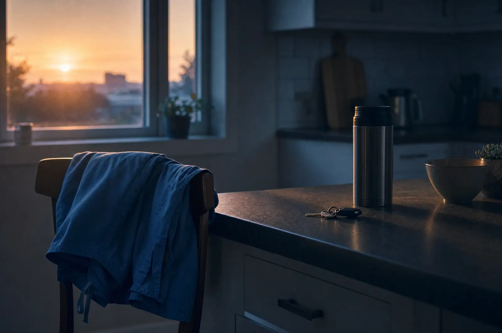Nursing scrubs, keys, and a thermos waiting at sunrise to show the life and travel around a shift