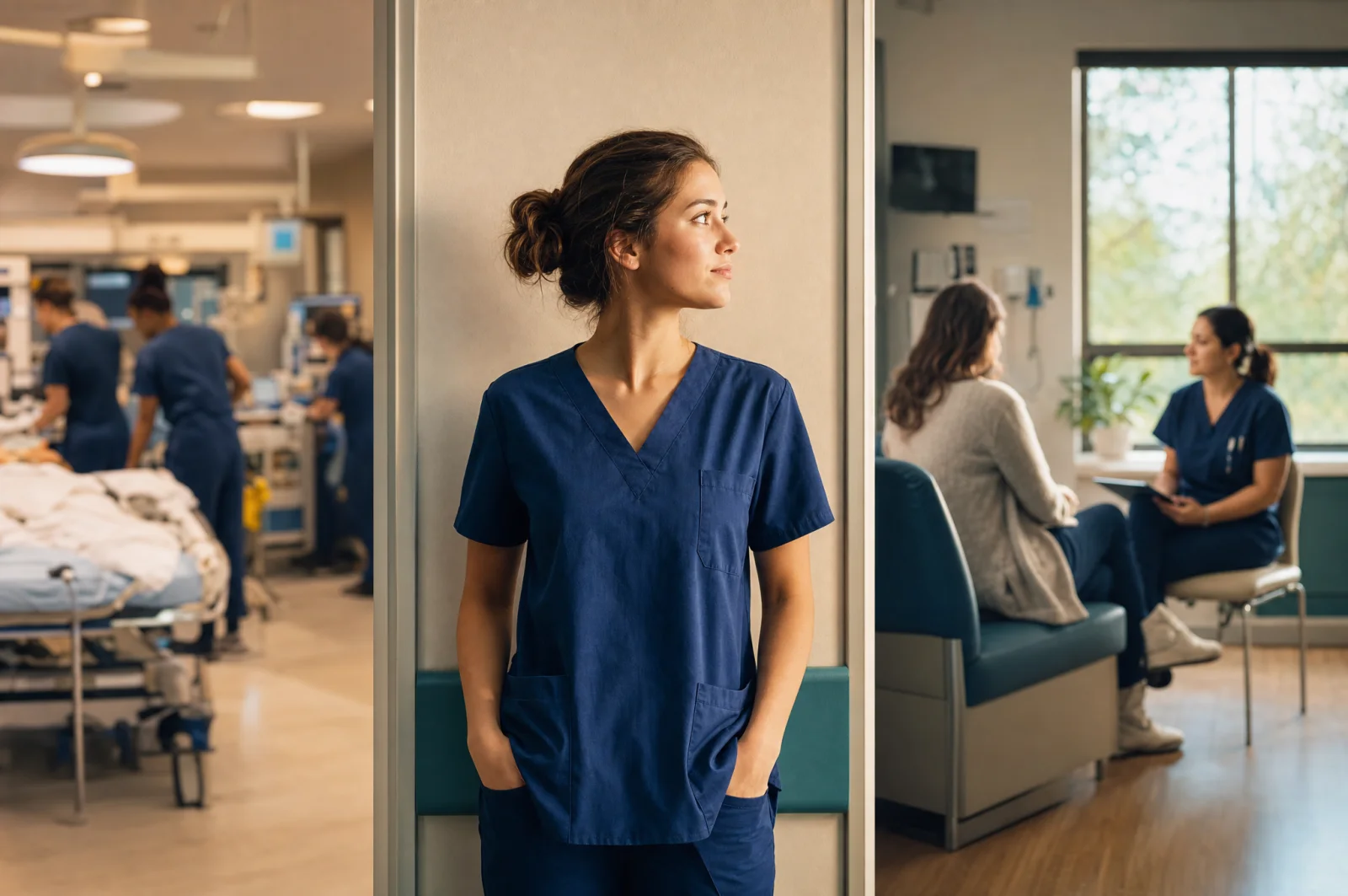A new grad nurse stands between a busy acute-care unit and a calm outpatient conversation