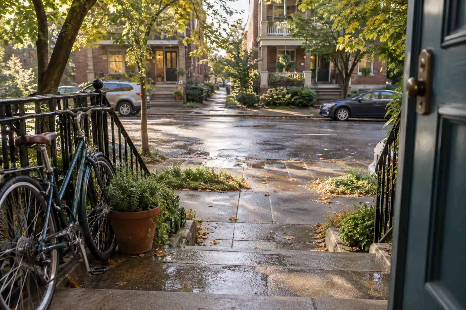 An open front step overlooking a leafy neighborhood, with a bicycle and morning light on the path
