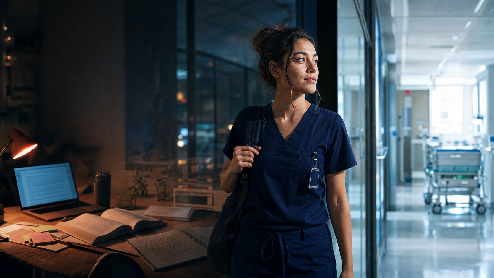 A nurse moving from late-night study toward a bright hospital corridor