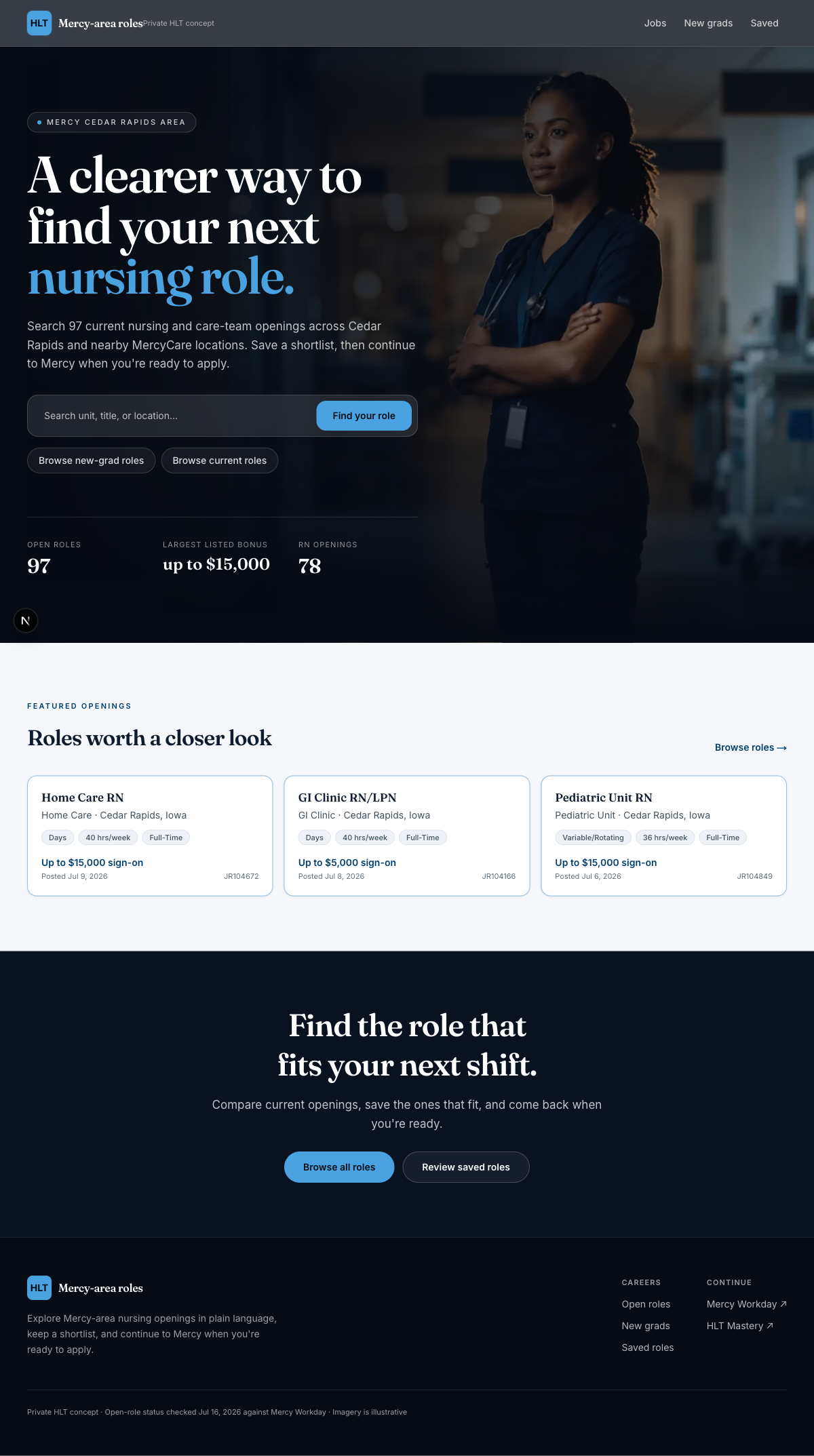 Mercy working concept home page showing nursing roles and a clearer path to apply